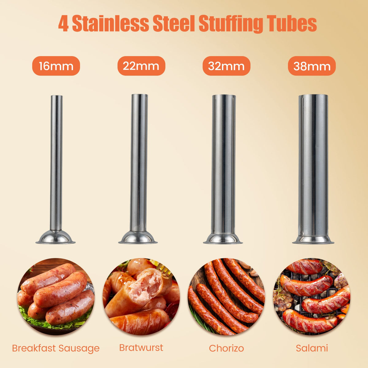 Stainless Steel Meat Filling Machine with 2 Speeds and 4 Stuffing Tubes for Home-7L
