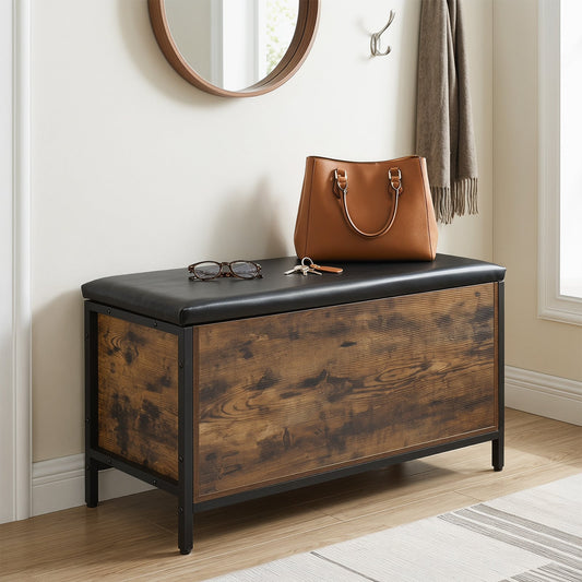 Storage Chest Industrial Shoe Bench with Faux Leather Padded Seat-Rustic Brown