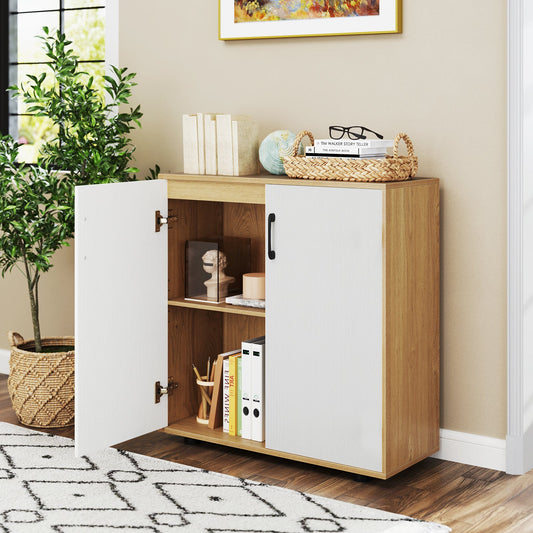 2-Door Storage Cabinet Modern Accent Cabinet with 5-Position Adjustable Shelf-Natural