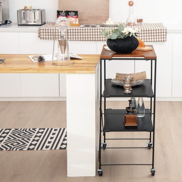 Serving trolley side table with castors & wooden shelf & metal frame 60 x 40 x 89 cm