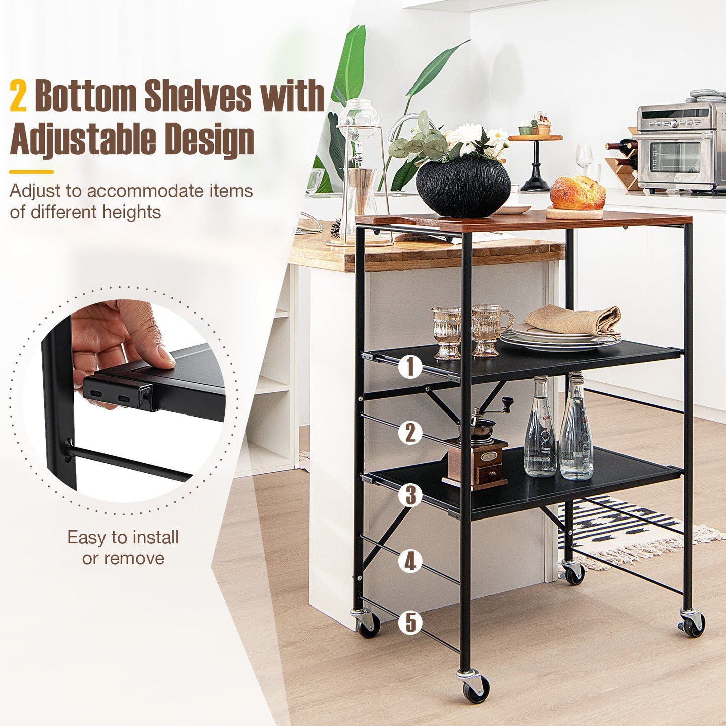 Storage Cart with Adjustable Shelves, Foldable Frame and Lockable Casters-Black