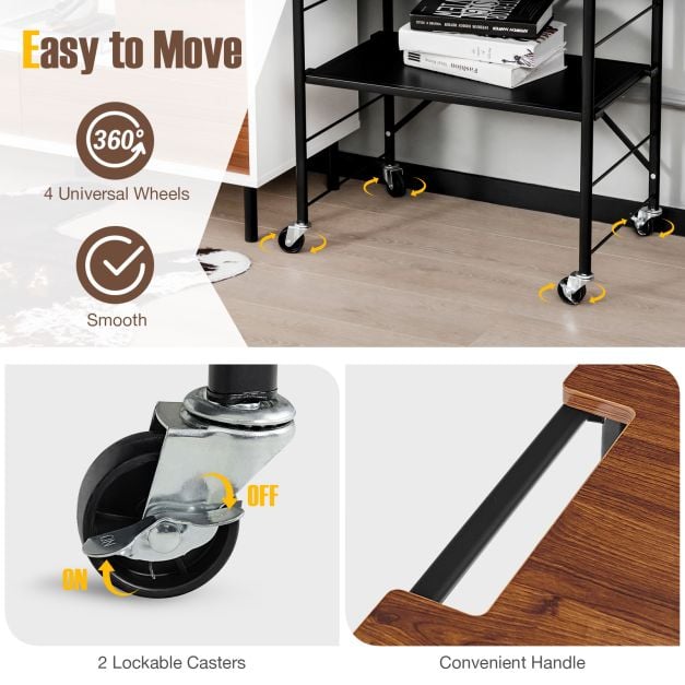Serving trolley side table with castors & wooden shelf & metal frame 60 x 40 x 89 cm