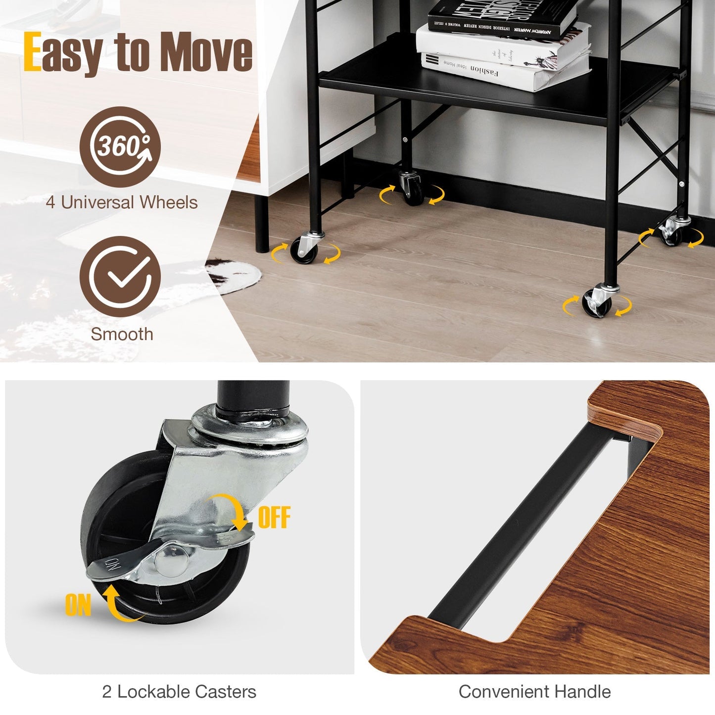 Storage Cart with Adjustable Shelves, Foldable Frame and Lockable Casters-Black
