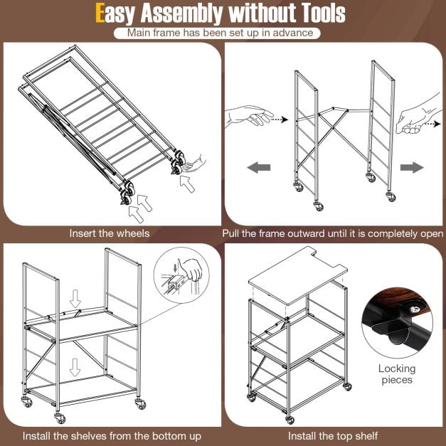 Serving trolley side table with castors & wooden shelf & metal frame 60 x 40 x 89 cm