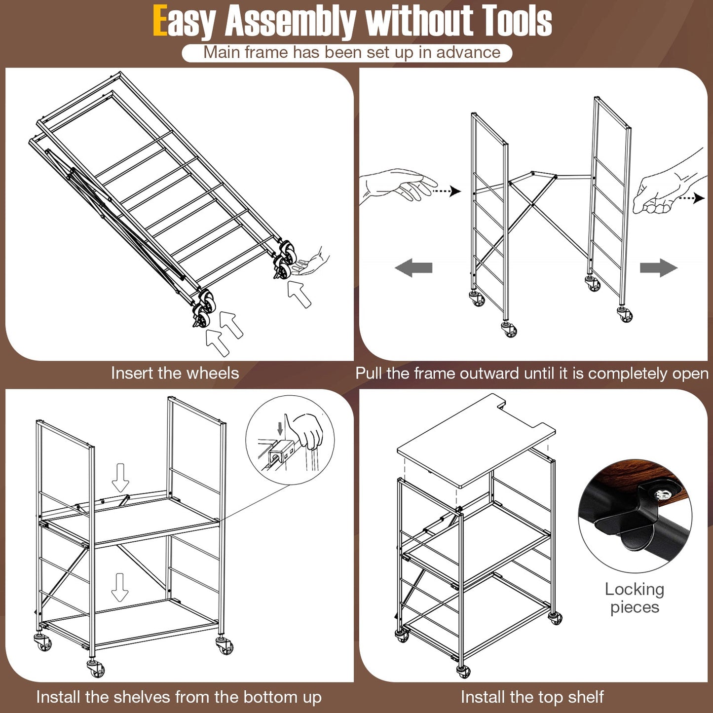 Storage Cart with Adjustable Shelves, Foldable Frame and Lockable Casters-Black