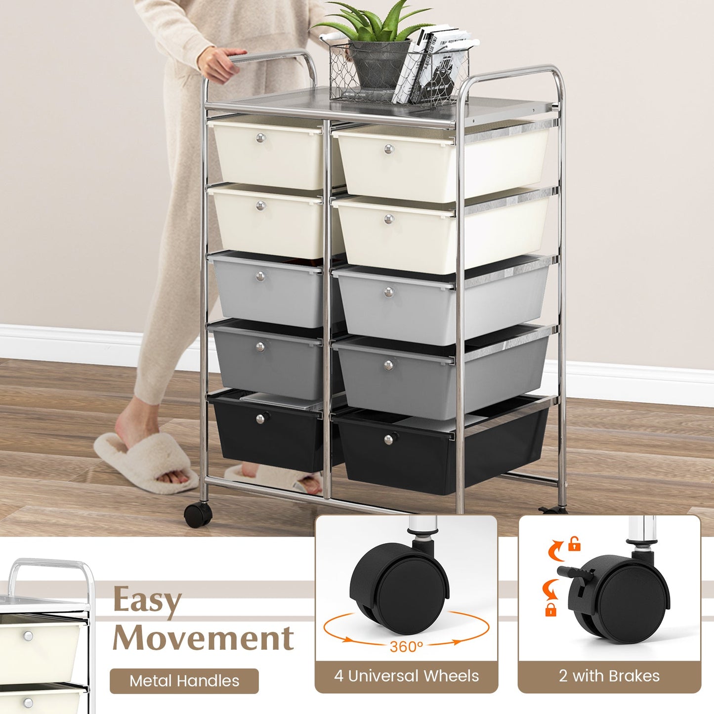 Storage Rolling Cart with 10-Drawer for Tools Scrapbook Paper Organising-Black & White