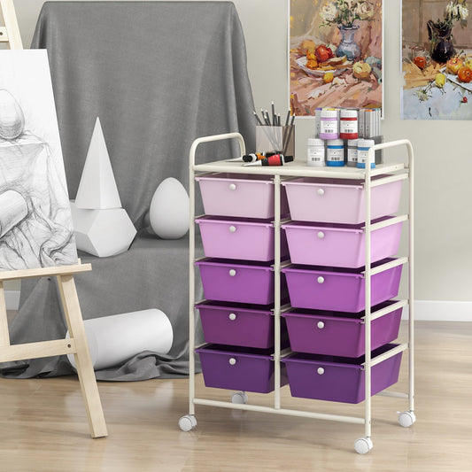 Storage Rolling Cart with 10-Drawer for Tools Scrapbook Paper Organising-Gradient Purple
