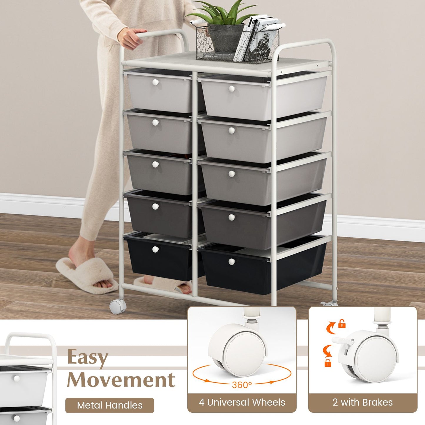 Storage Rolling Cart with 10-Drawer for Tools Scrapbook Paper Organising-Gradient Black