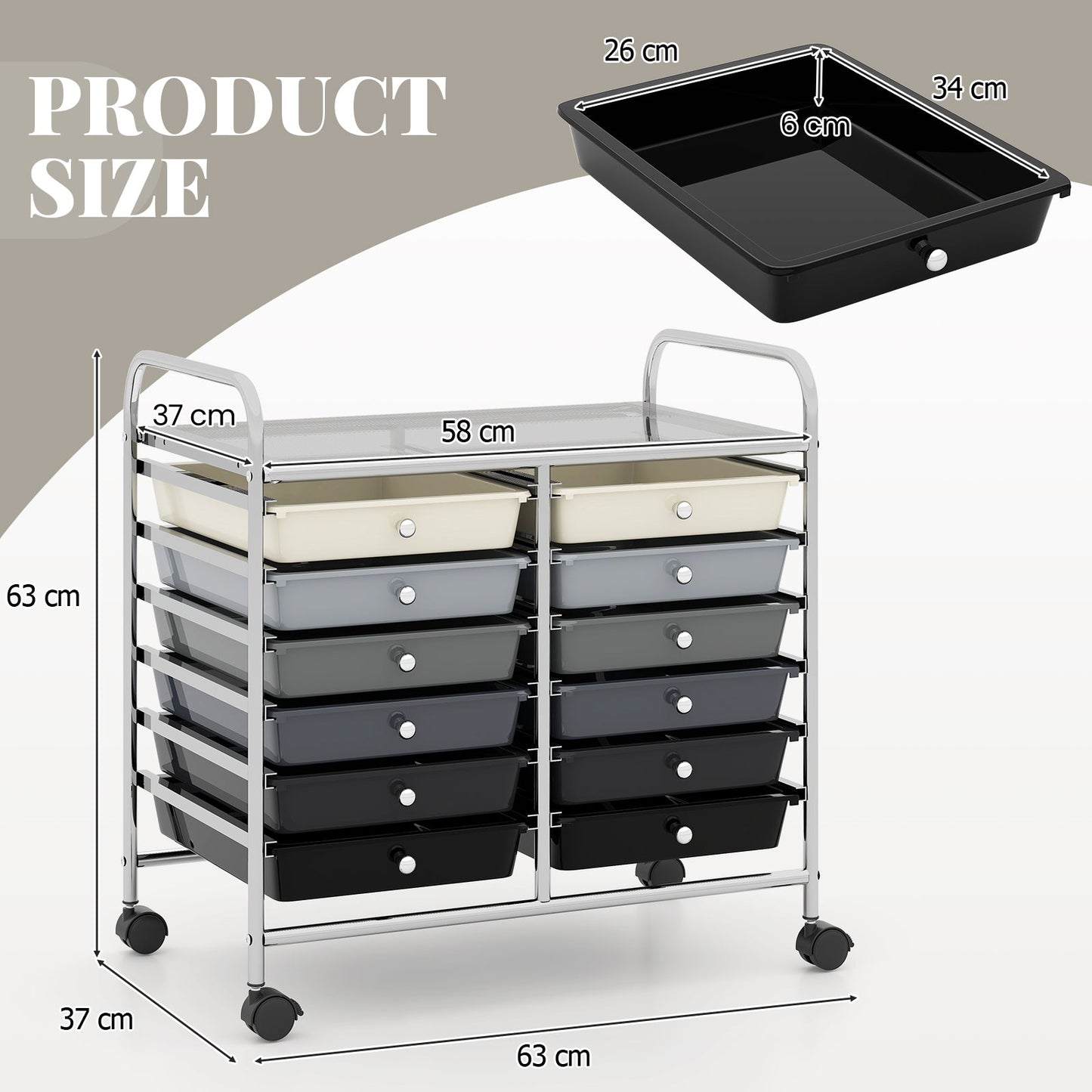 Storage Rolling Cart with Drawer and Large Countertop Side Handles-Gradient Black
