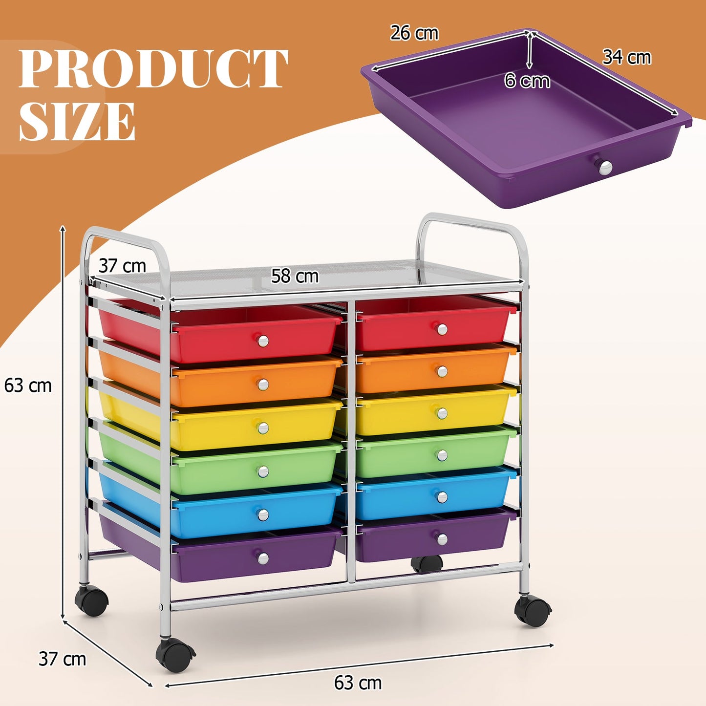 Storage Rolling Cart with Drawer and Large Countertop Side Handles-Multicolor