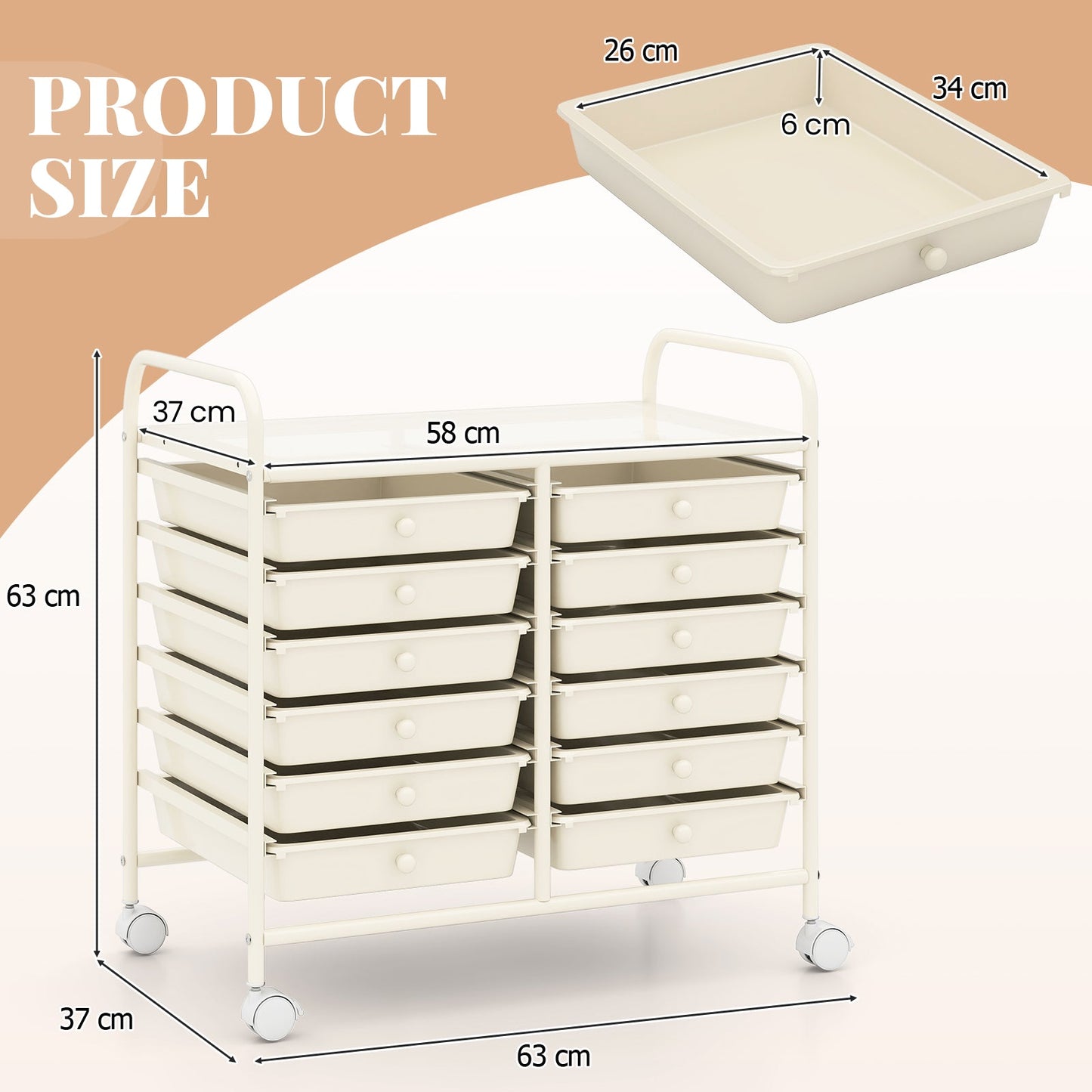 Storage Rolling Cart with Drawer and Large Countertop Side Handles-White