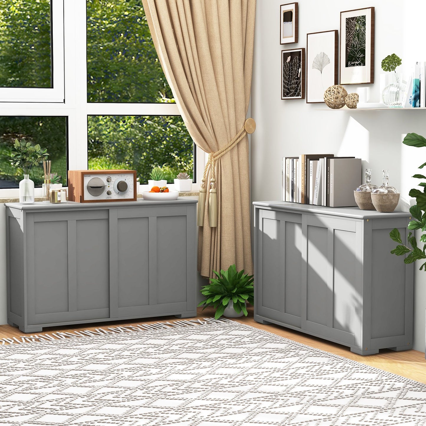 Storage Sideboard with Sliding Door and Double Partition-Grey