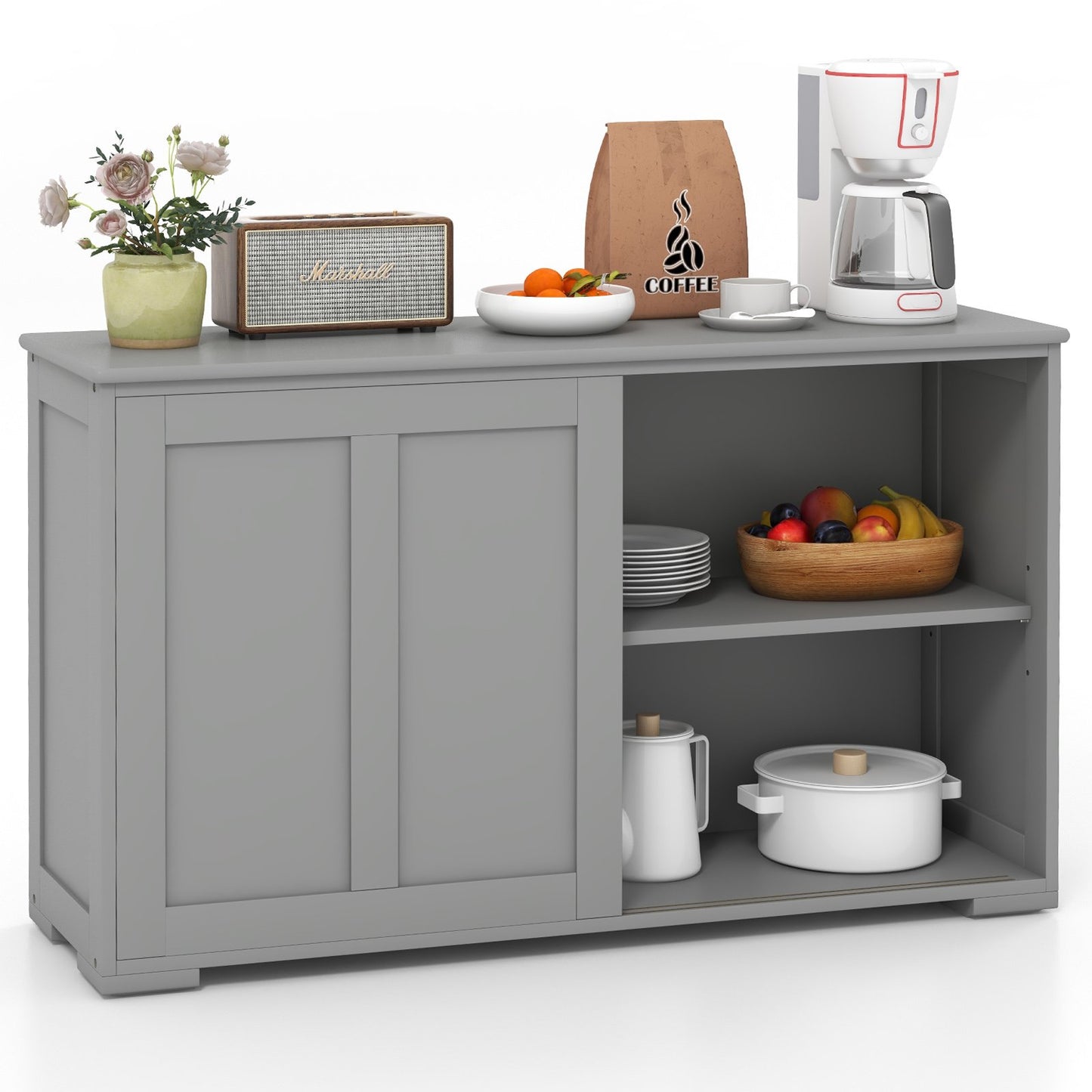 Storage Sideboard with Sliding Door and Double Partition-Grey