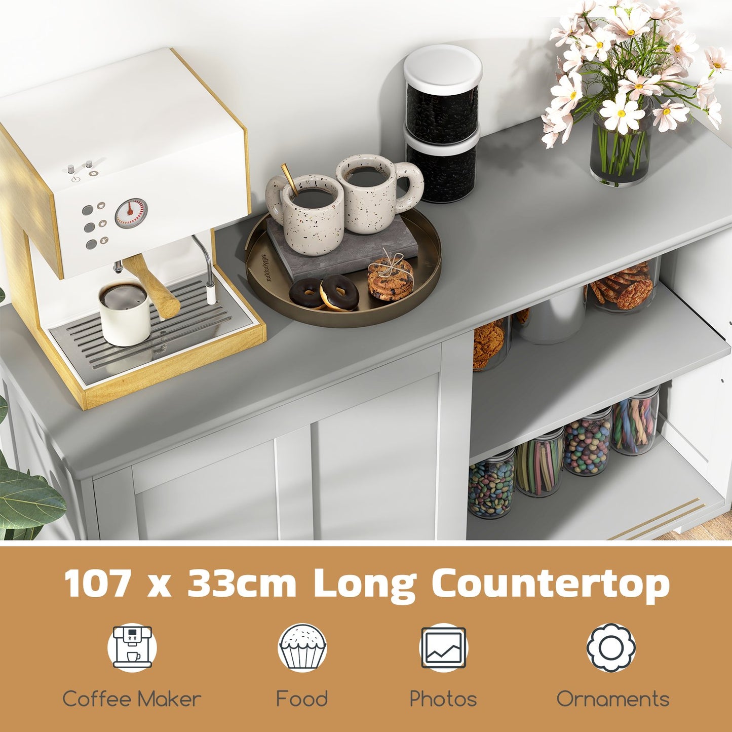 Storage Sideboard with Sliding Door and Double Partition-Grey