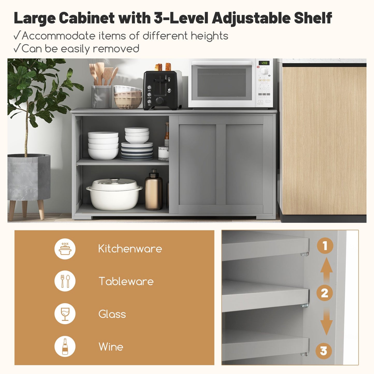 Storage Sideboard with Sliding Door and Double Partition-Grey