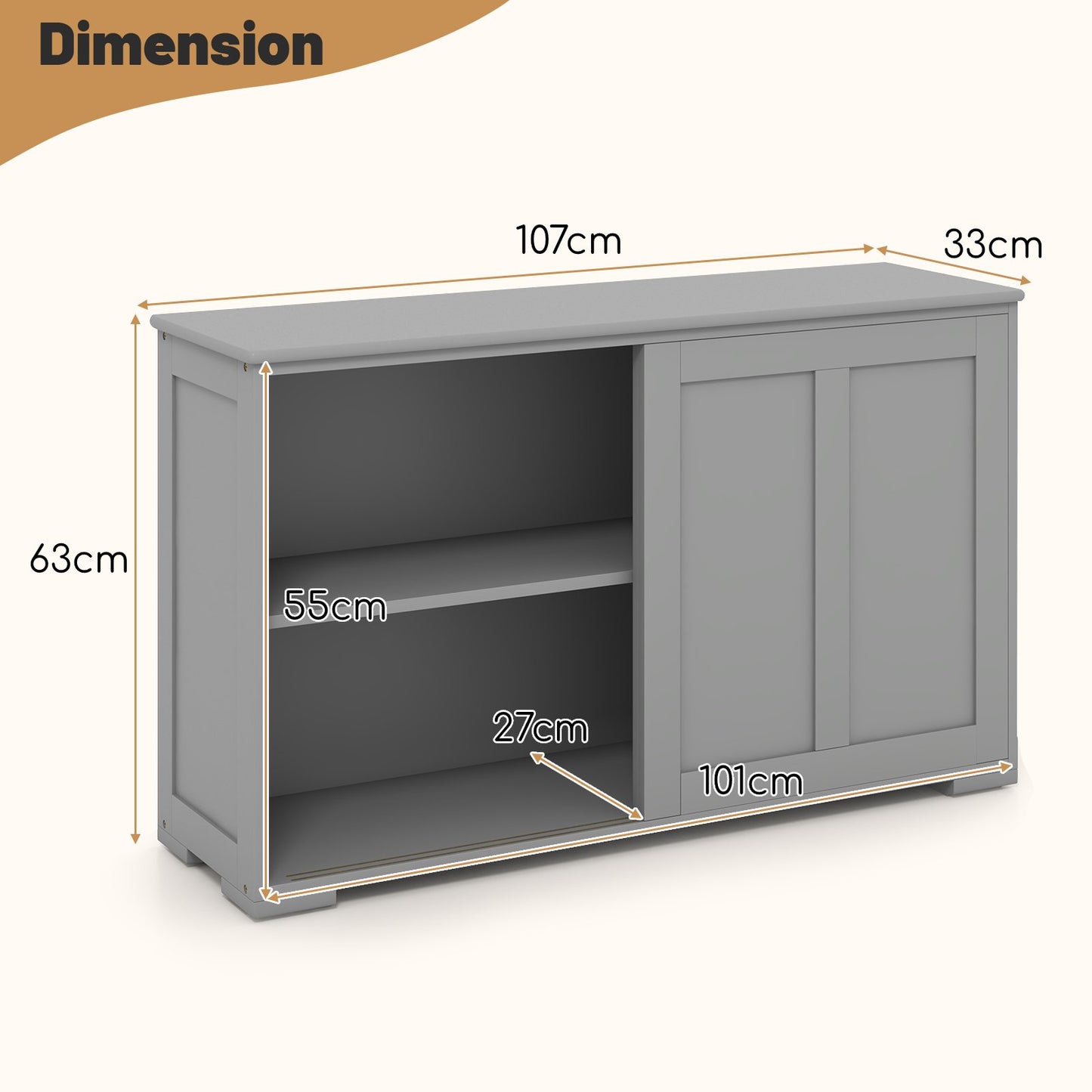 Storage Sideboard with Sliding Door and Double Partition-Grey
