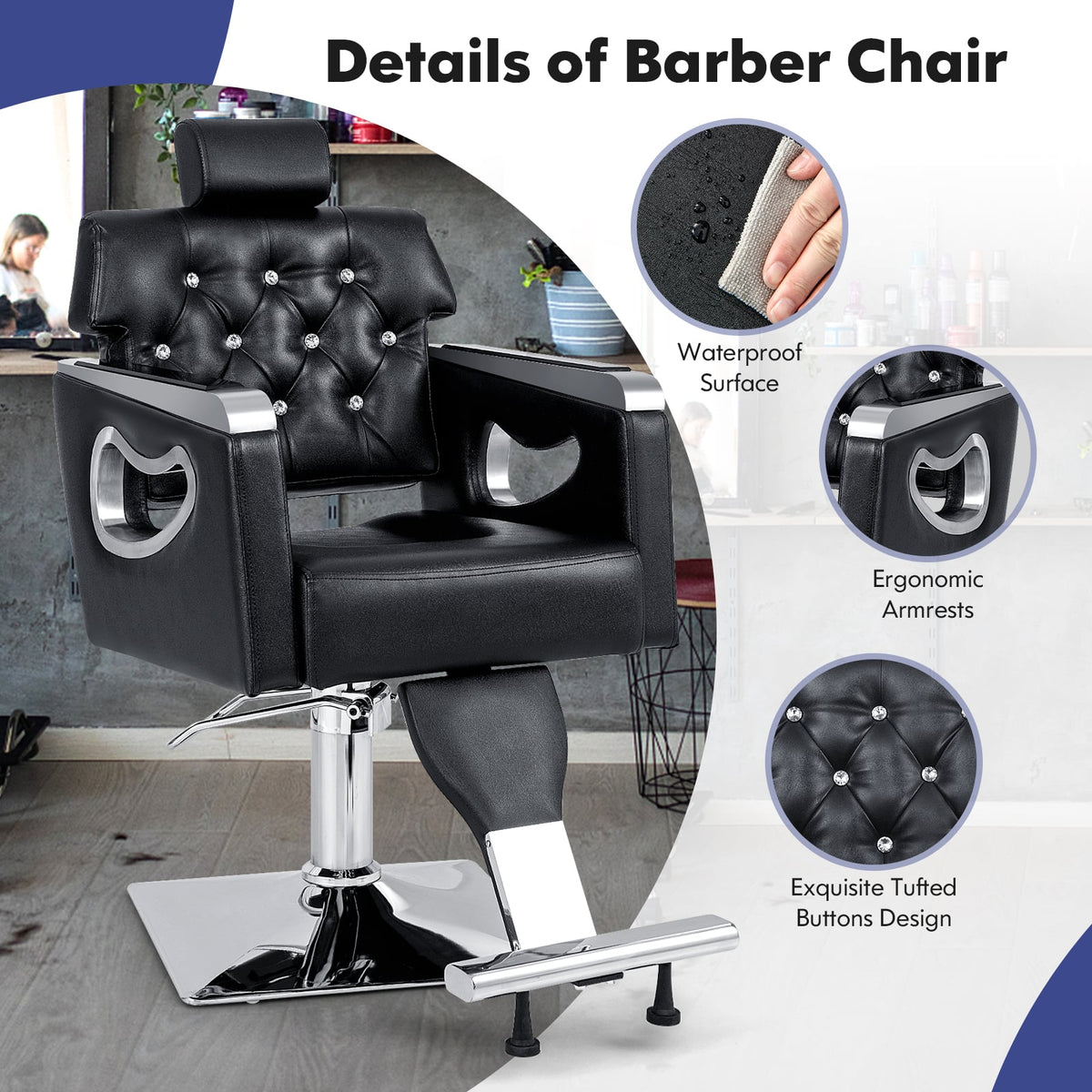Adjustable Swivel Barber Chair with Padded Backrest-Black