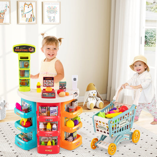 Supermarket Playset for Kids 76 Pieces Pretend Play Grocery Store Set-Blue
