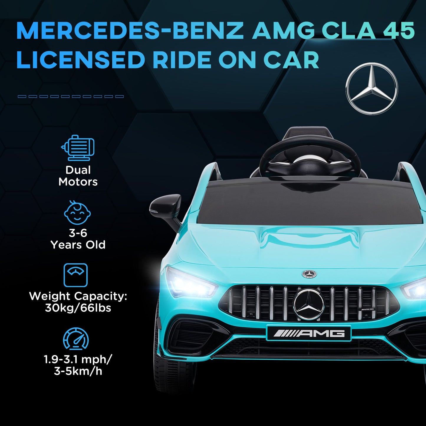 AIYAPLAY Mercedes-Benz AMG CLA 45 Licencjonowany 12V Elektryczny Samochód Dla Dzieci Jeździk z Pilotem, Światła Zawieszenia, Klakson Muzyczny - Jasnoniebieski