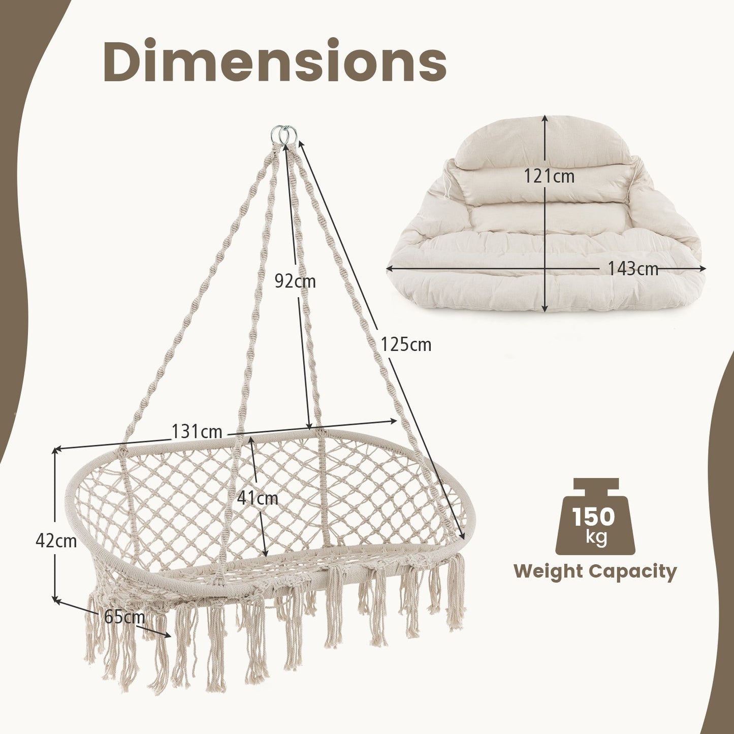 Hand-Woven Rope Hanging Chair with Thick Cushion-Beige