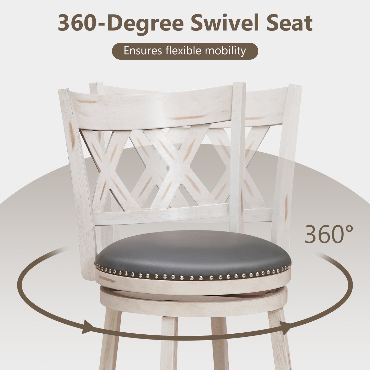 Swivel 64cm Hand-Antiqued Stool Set of 2 with Wider Padded Seat-White-64 cm