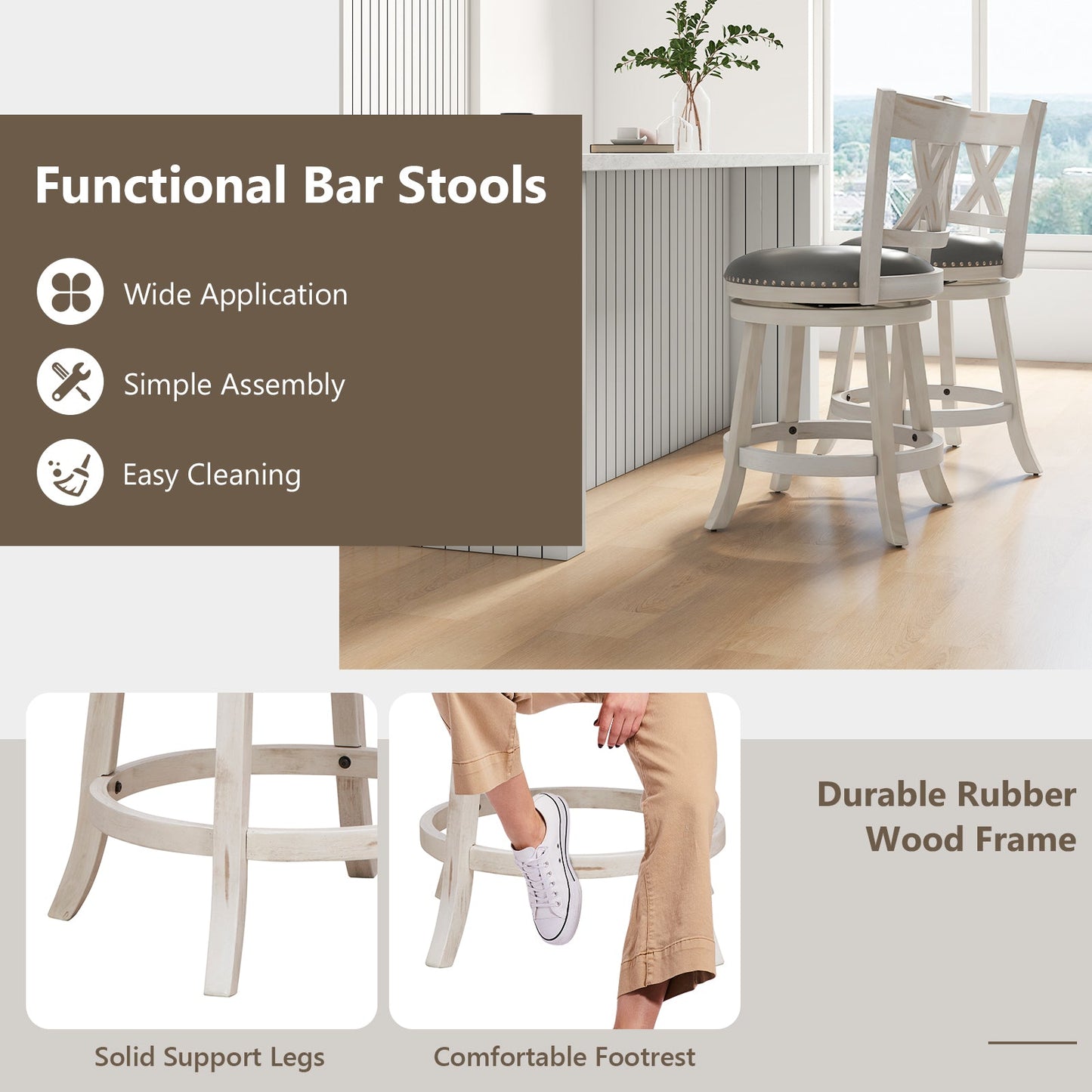 Swivel 64cm Hand-Antiqued Stool Set of 2 with Wider Padded Seat-White-64 cm