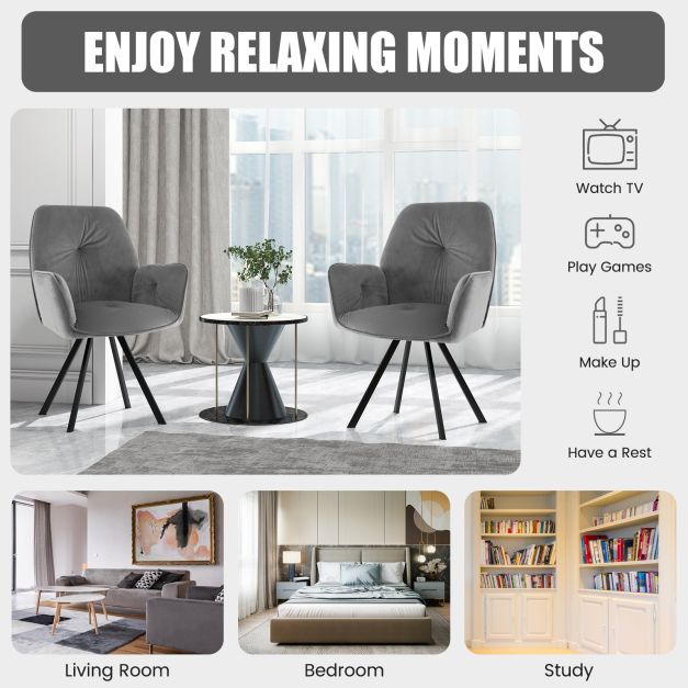 Set of 2 Swivel Accent Arm Chairs with Metal Legs and Wide Back-Gray