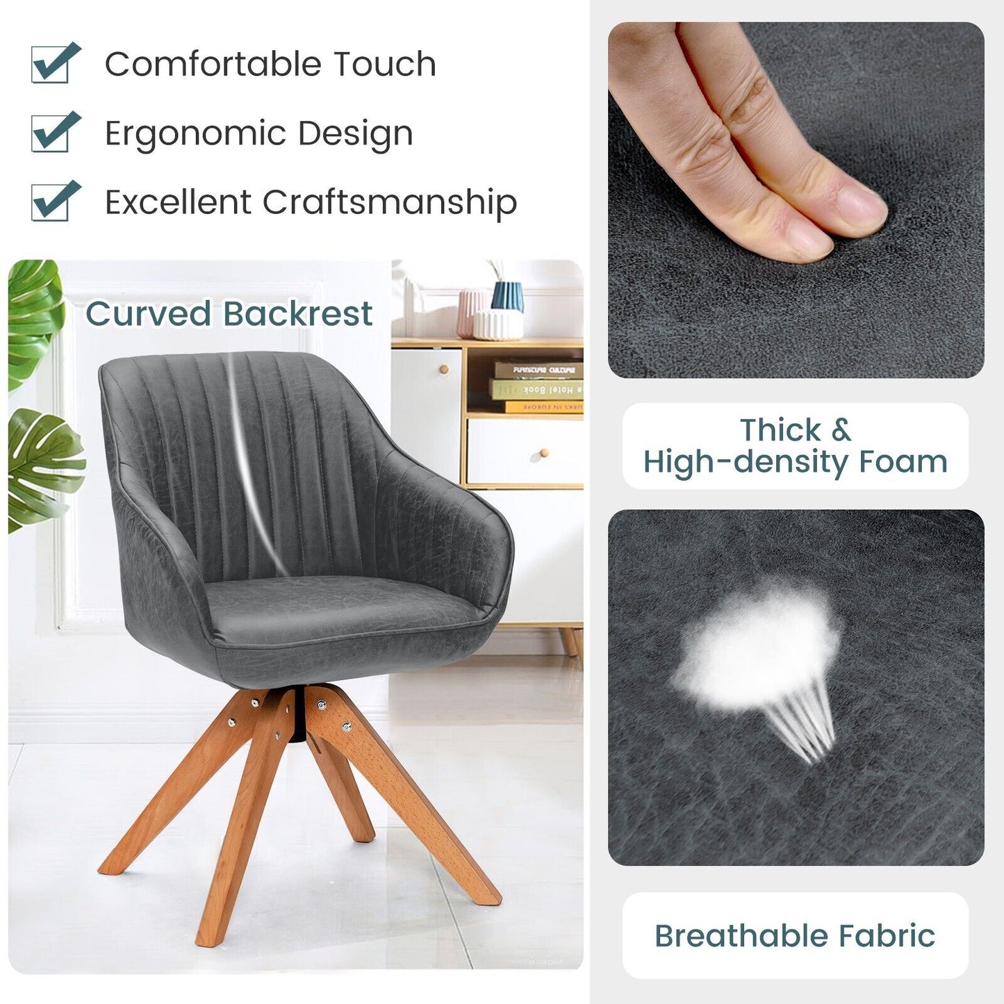 Set of 2 360° Swivel Accent Chair with Solid Wood Legs-Grey