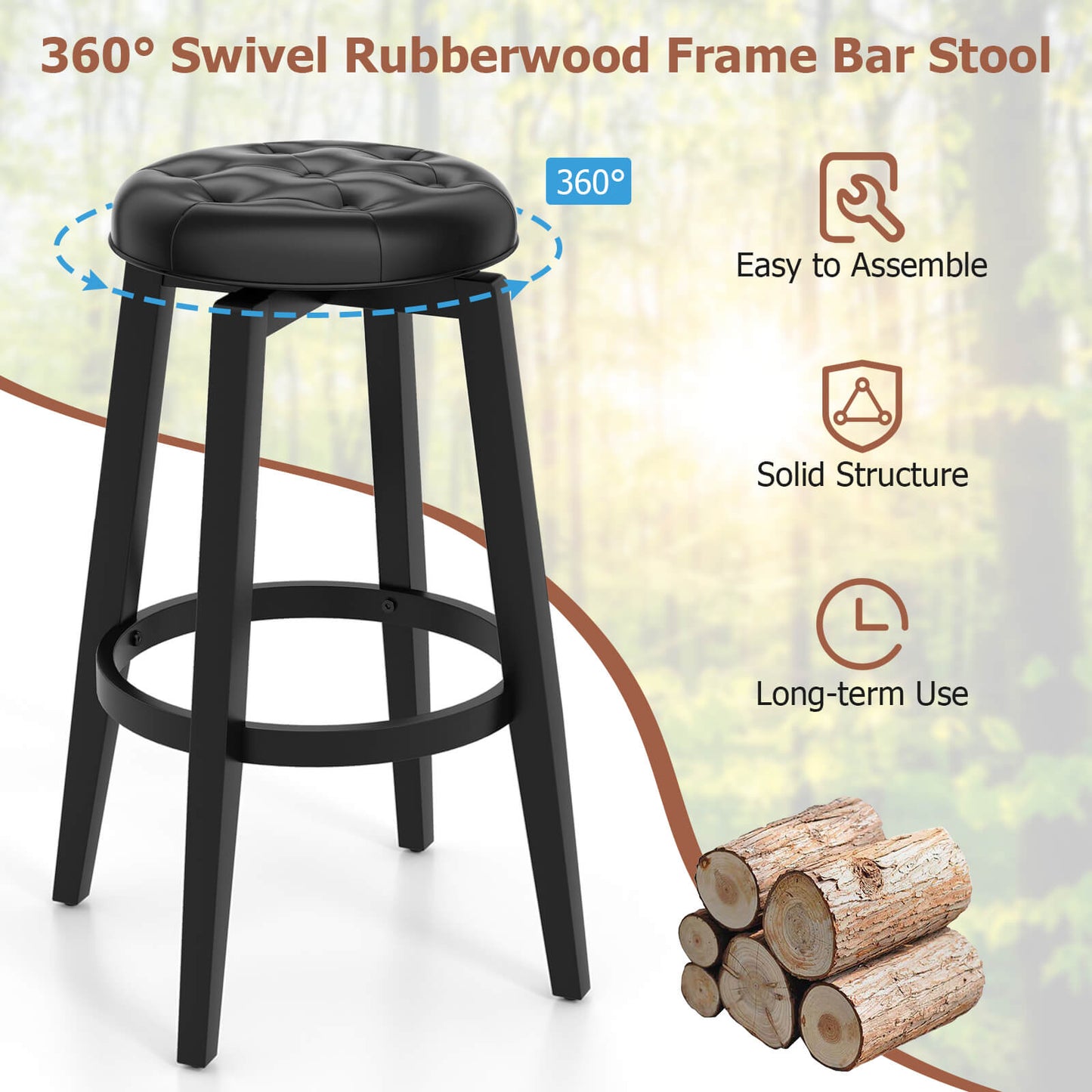 Swivel Bar Stool Set of 2 with Footrest Retro-Black-76 cm