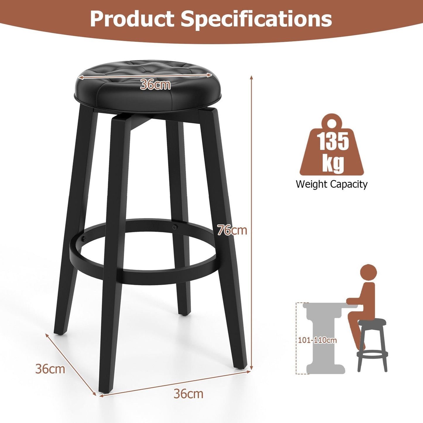 Swivel Bar Stool Set of 2 with Footrest Retro-Black-76 cm