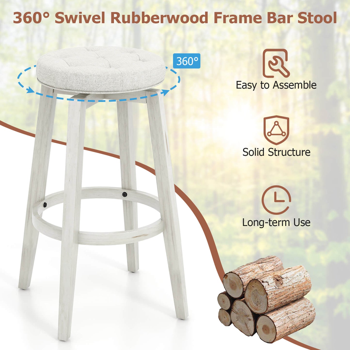 Swivel Bar Stool Set of 2 with Footrest Retro-White-76 cm