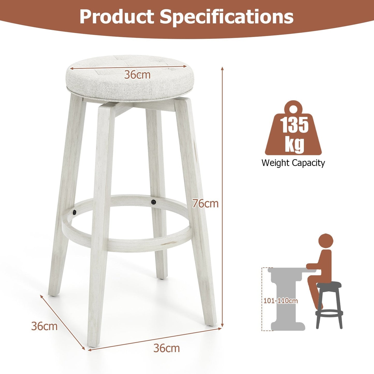 Swivel Bar Stool Set of 2 with Footrest Retro-White-76 cm