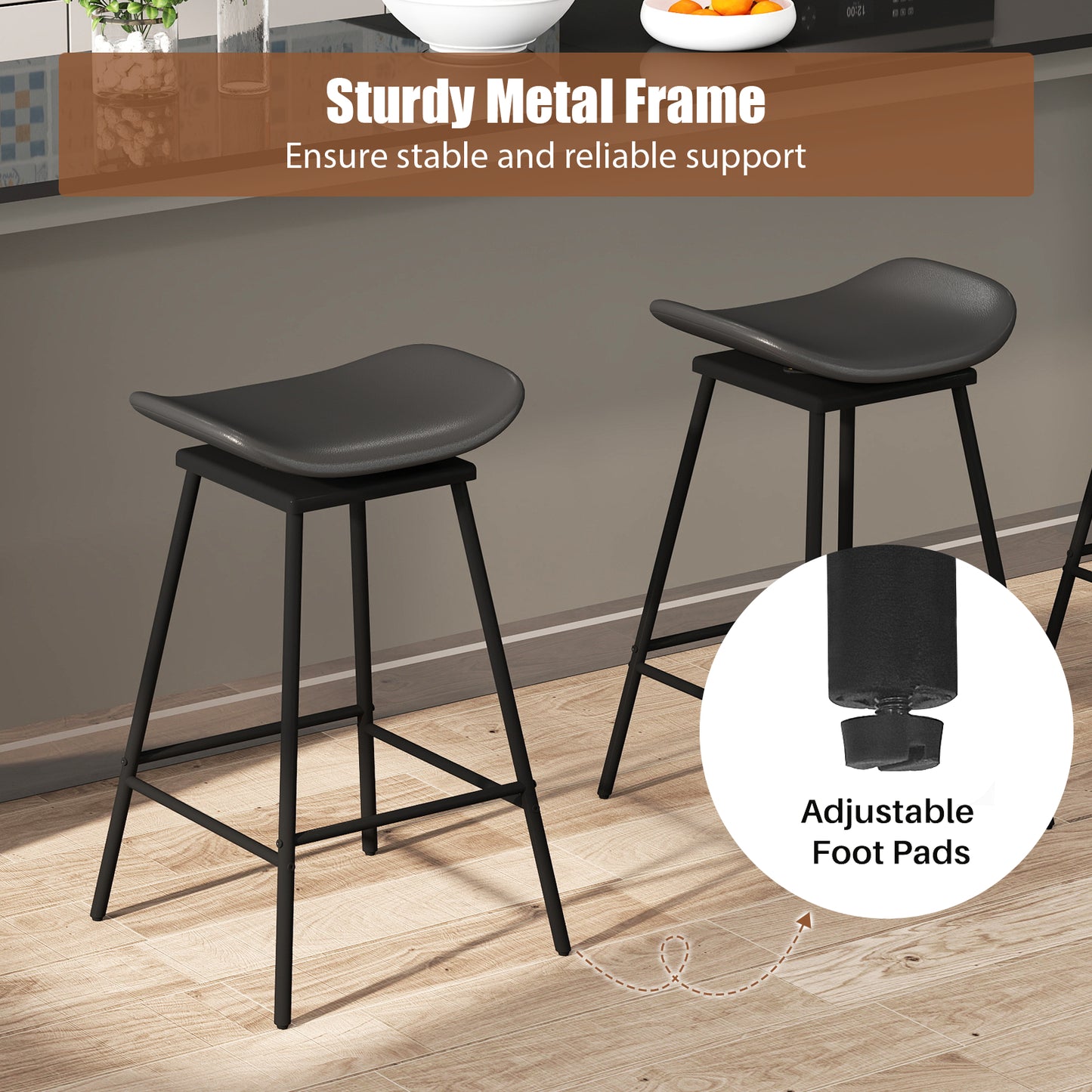 Swivel Barstools Set of 2 with Padded Saddle Seat and Footrest-Black