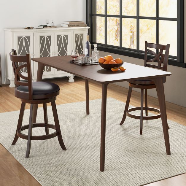 Set of 2 Bar Chairs 360° Swivel with Leather Cushioned Seat and Rubber Wood Frame-24 inch