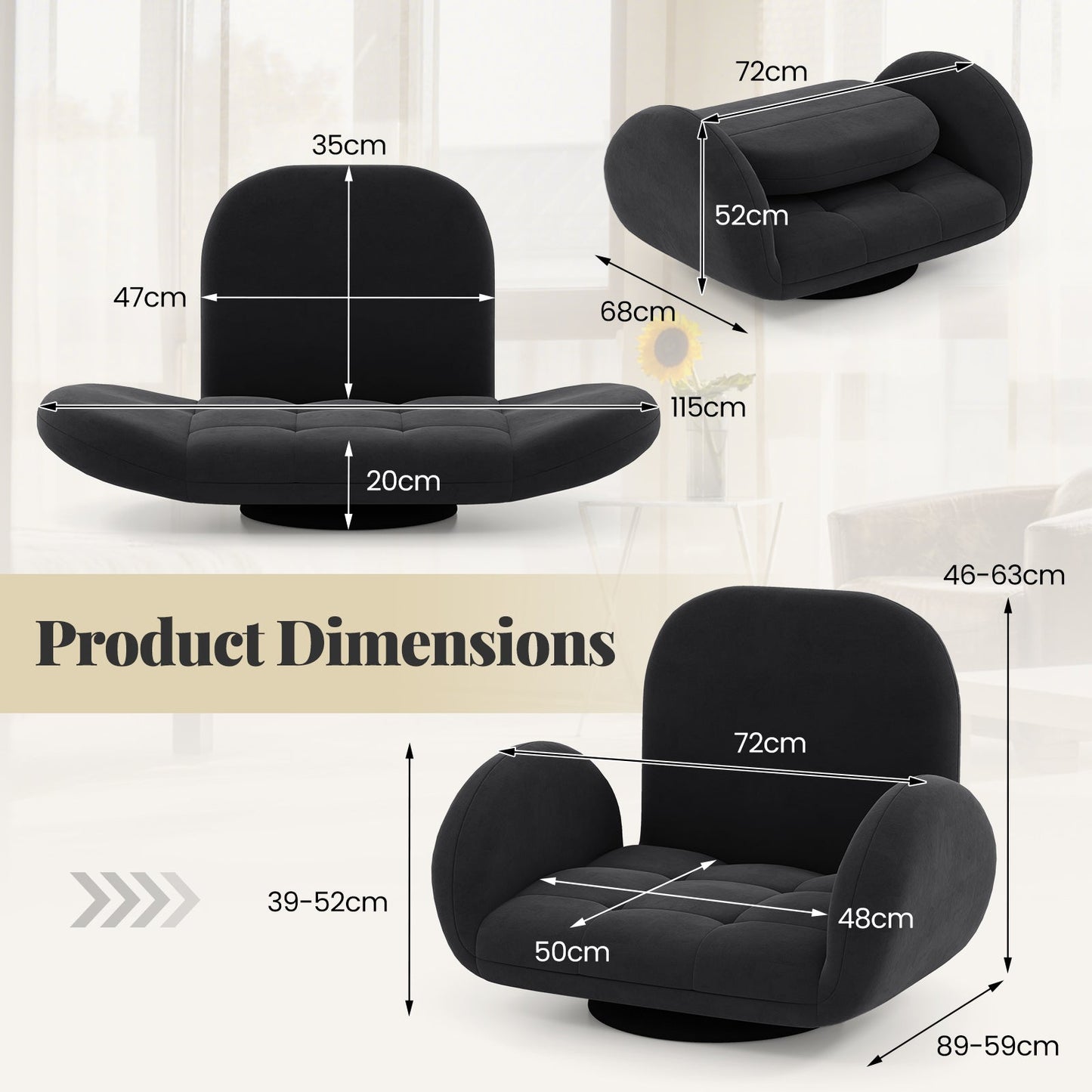 Swivel Floor Chair with Adjustable Backrest and Armrests-Black