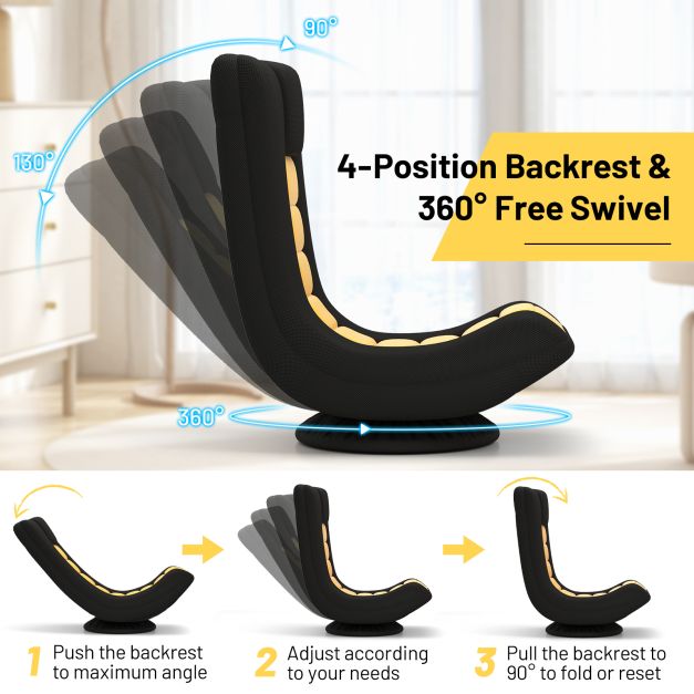 360° Swivel Gaming Chair with 4 Adjustable Positions and Lumbar Support, Folding Floor Sofa Yellow and Black