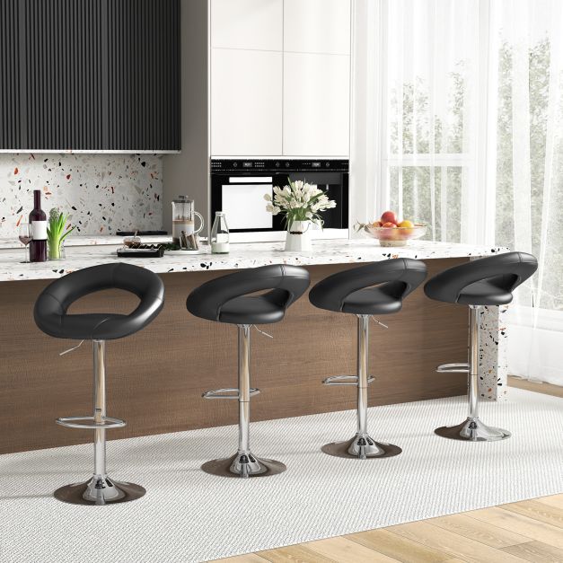 Swivel Height Adjustable Bar Stool Set of 2 with Hollow Back and Footrest-Black