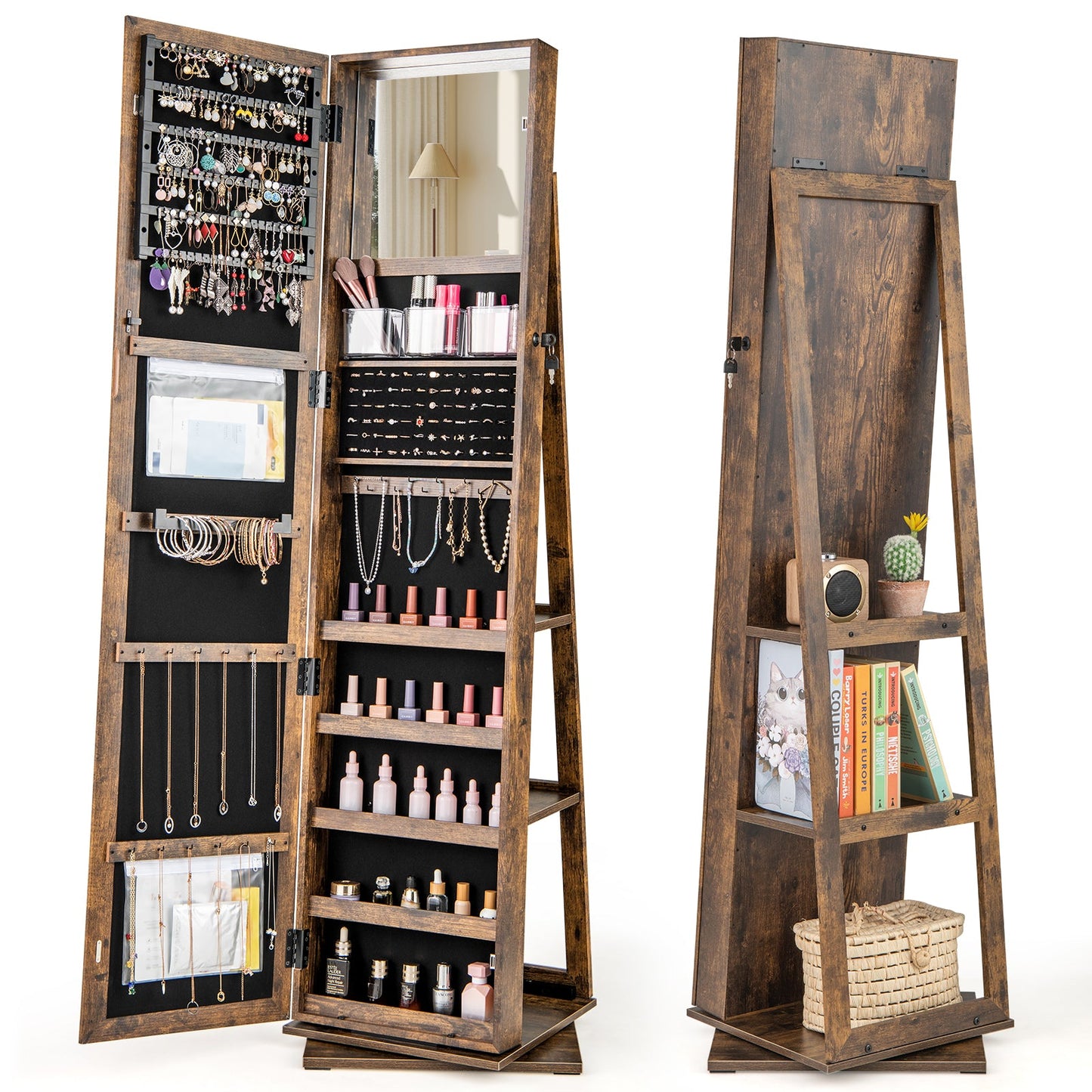 360° Swivel Jewelry Armoire with Full Length Mirror and Back Shelves-Rustic Brown
