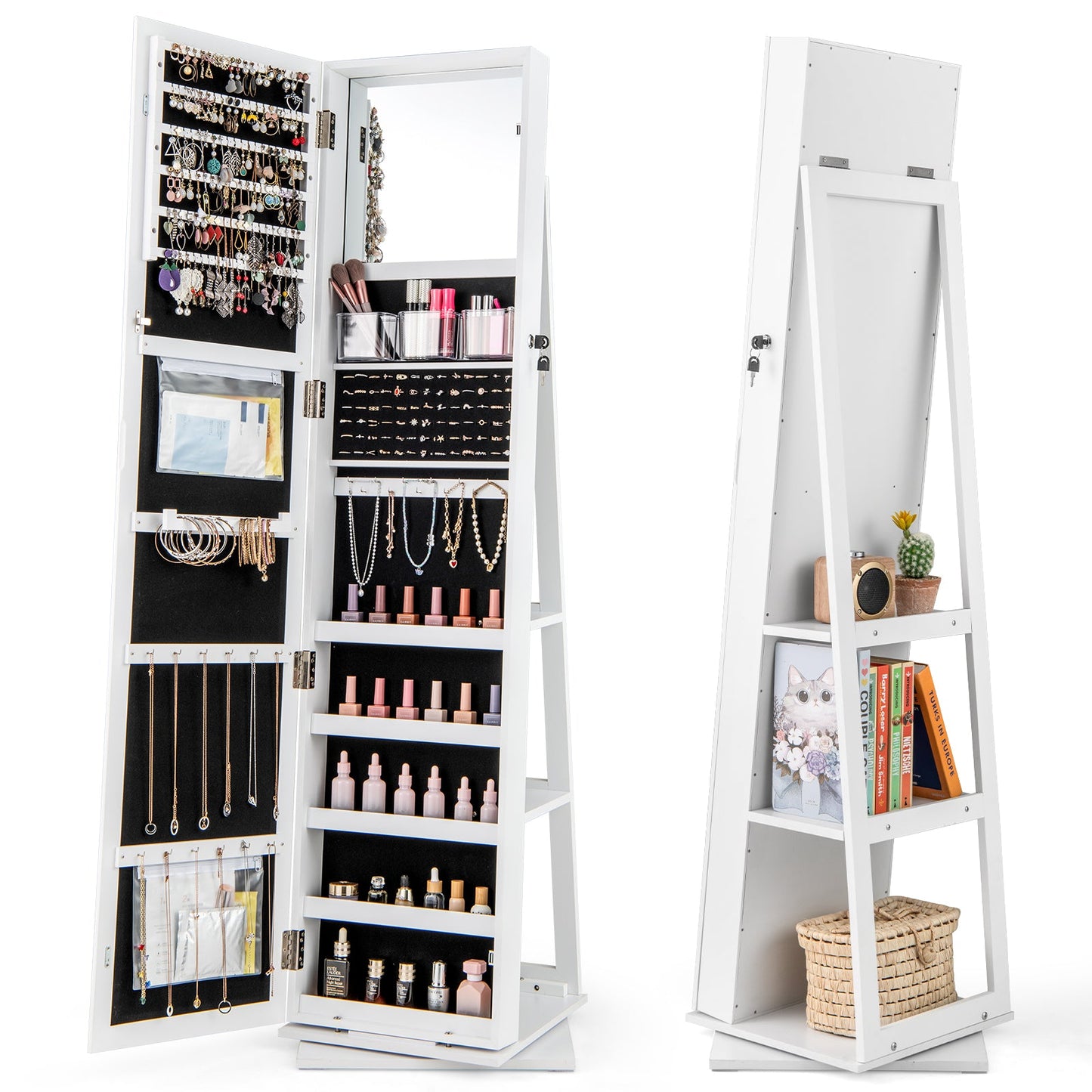 360° Swivel Jewelry Armoire with Full Length Mirror and Back Shelves-White