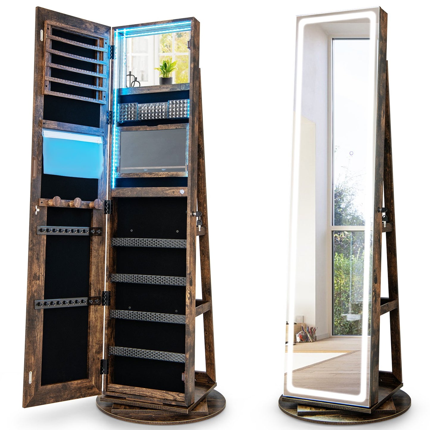 360° Swivel Jewelry Cabinet with LED Lights, Foldable Shelf-Brown