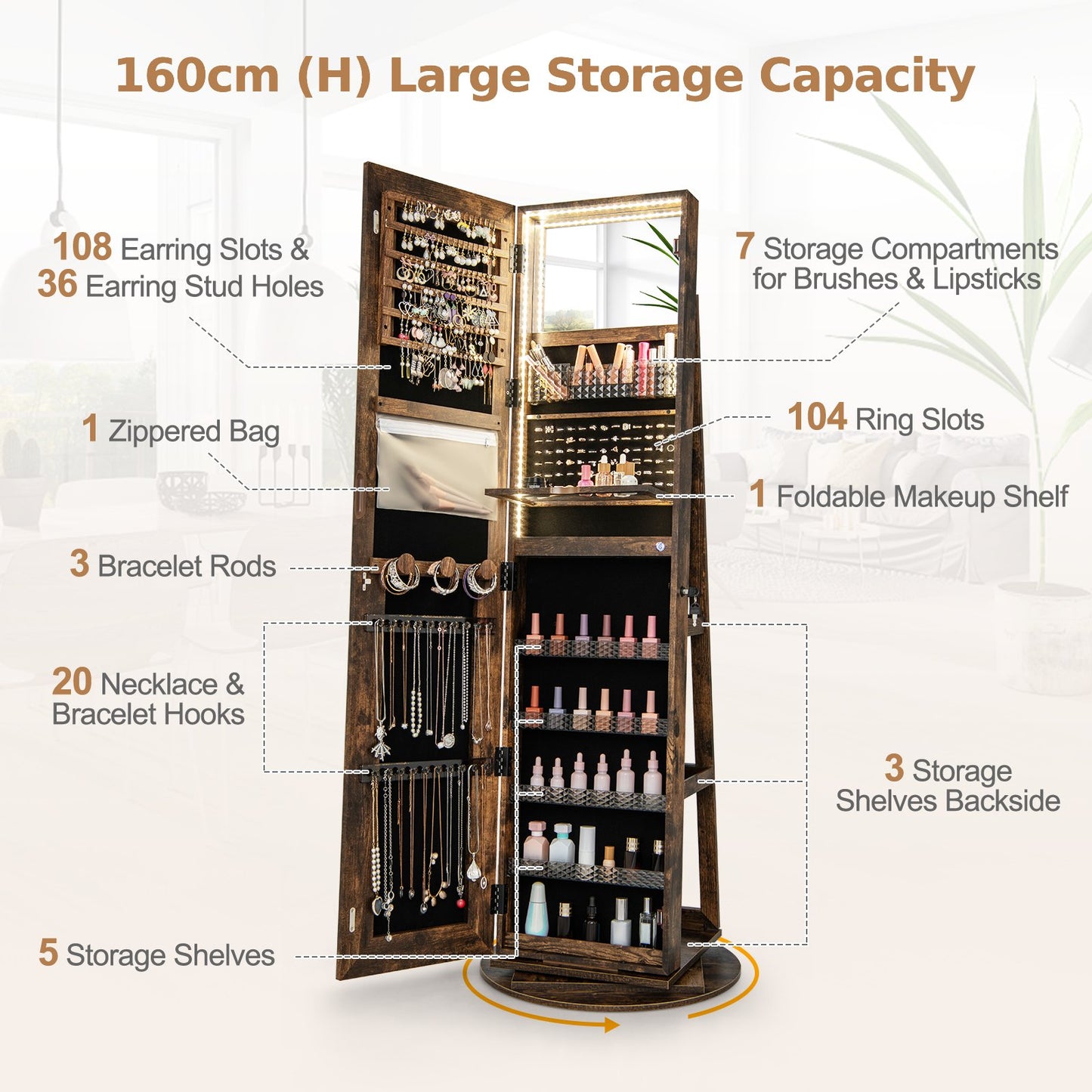 360° Swivel Jewelry Cabinet with LED Lights, Foldable Shelf-Brown