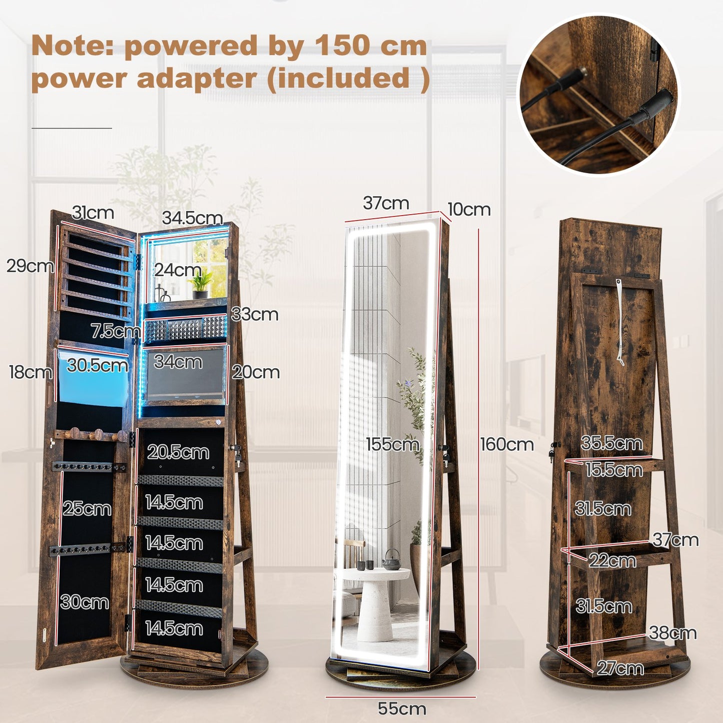 360° Swivel Jewelry Cabinet with LED Lights, Foldable Shelf-Brown