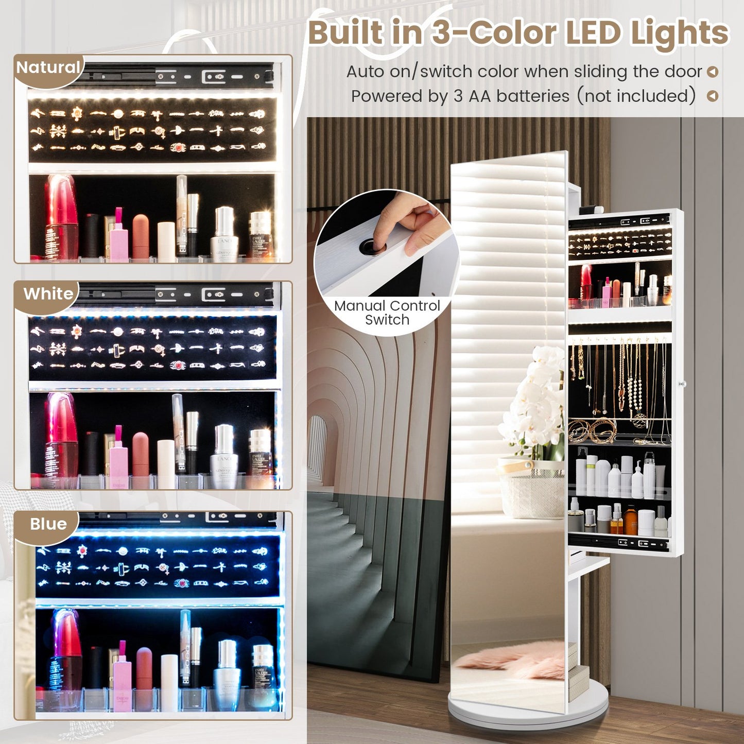 Swivel Jewelry Cabinet with Full-Length Mirror Cosmetics Storage-White
