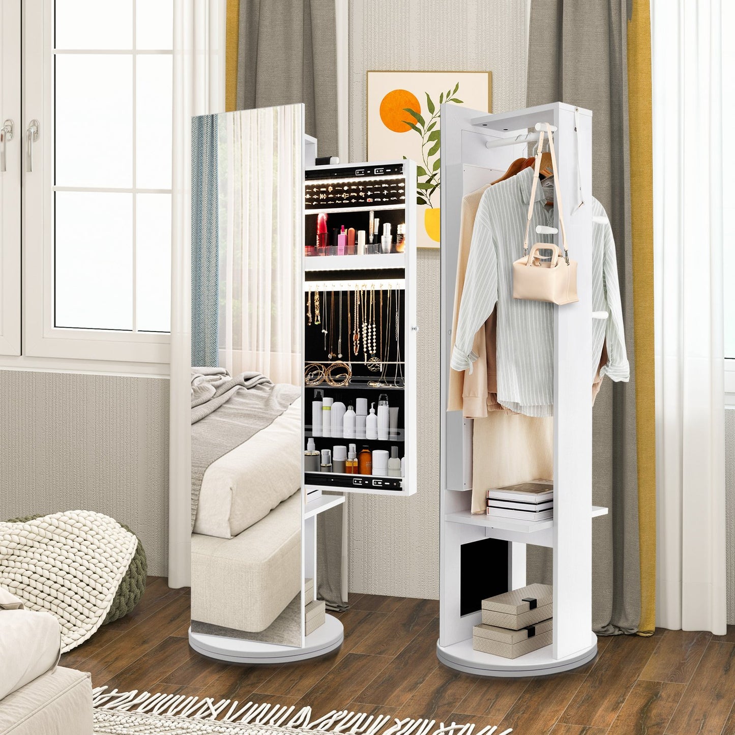 Swivel Jewelry Cabinet with Full-Length Mirror Cosmetics Storage-White