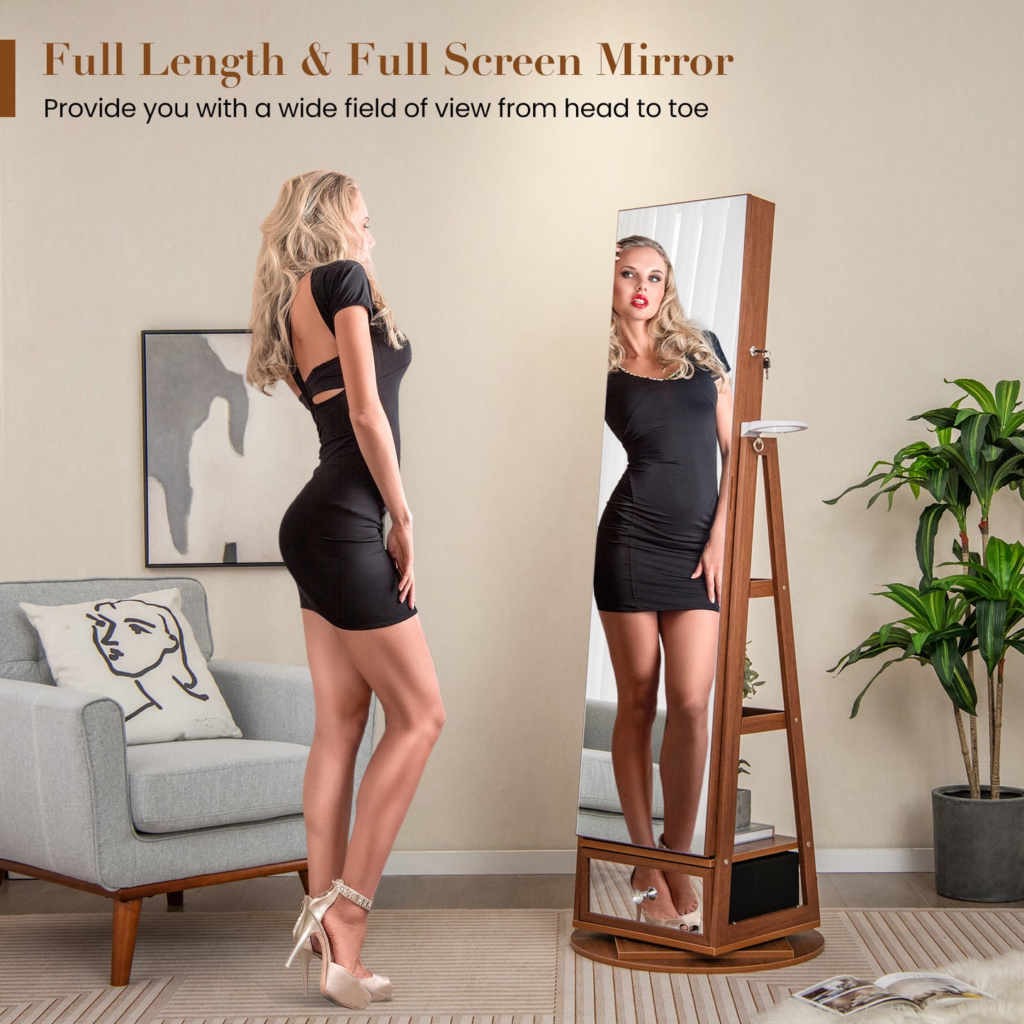 360° Swivel Lockable Jewelry Armoire Cabinet with Full-Length Mirror-Walnut