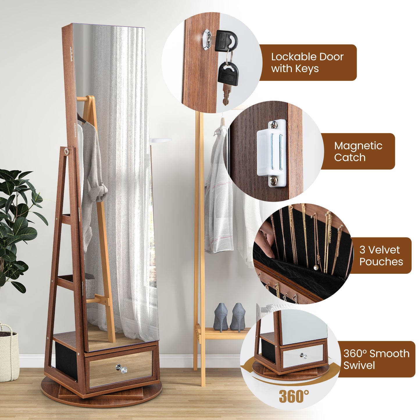 360° Swivel Lockable Jewelry Armoire Cabinet with Full-Length Mirror-Walnut