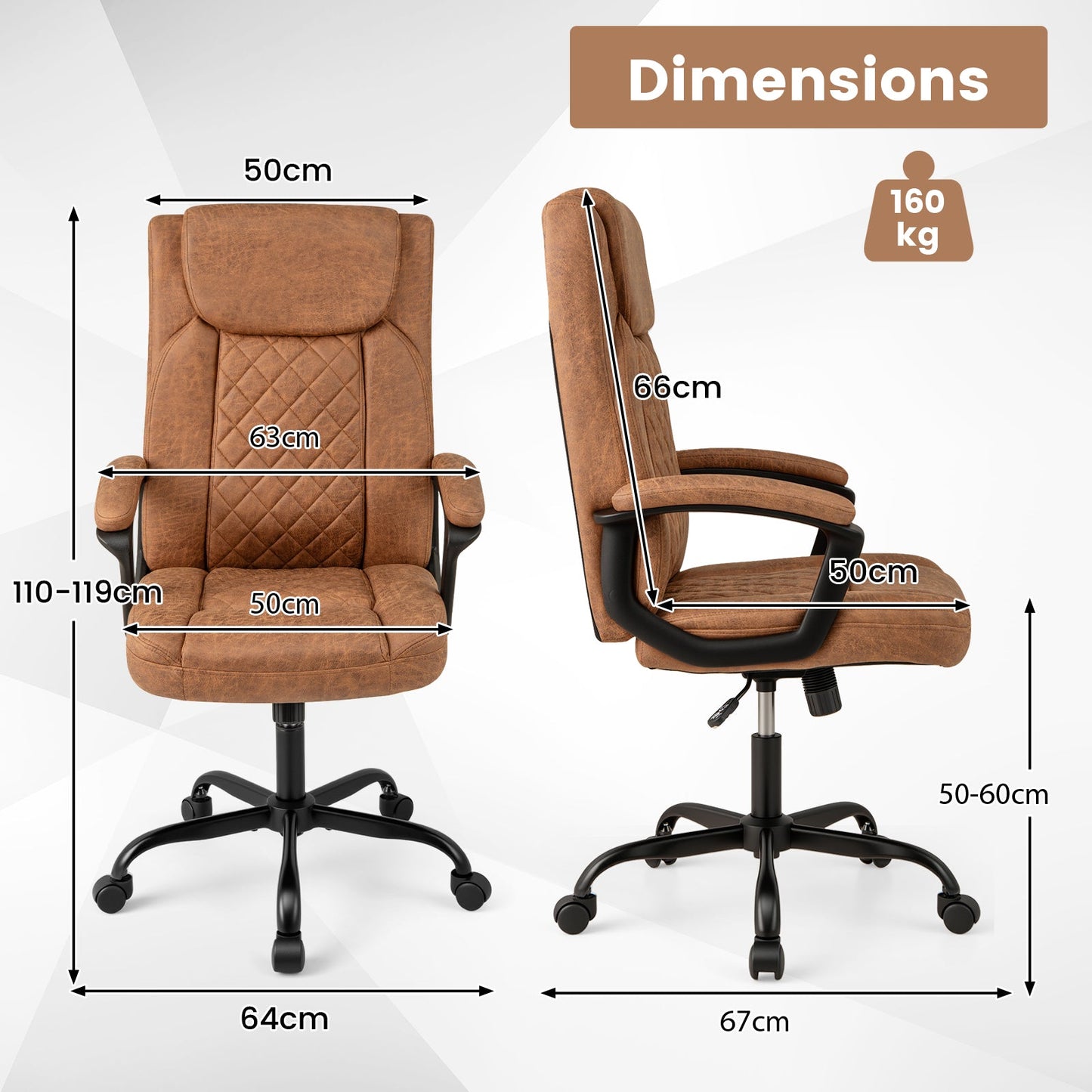 Swivel Office Chair with Padded Armrests and Rolling Metal Base-Brown