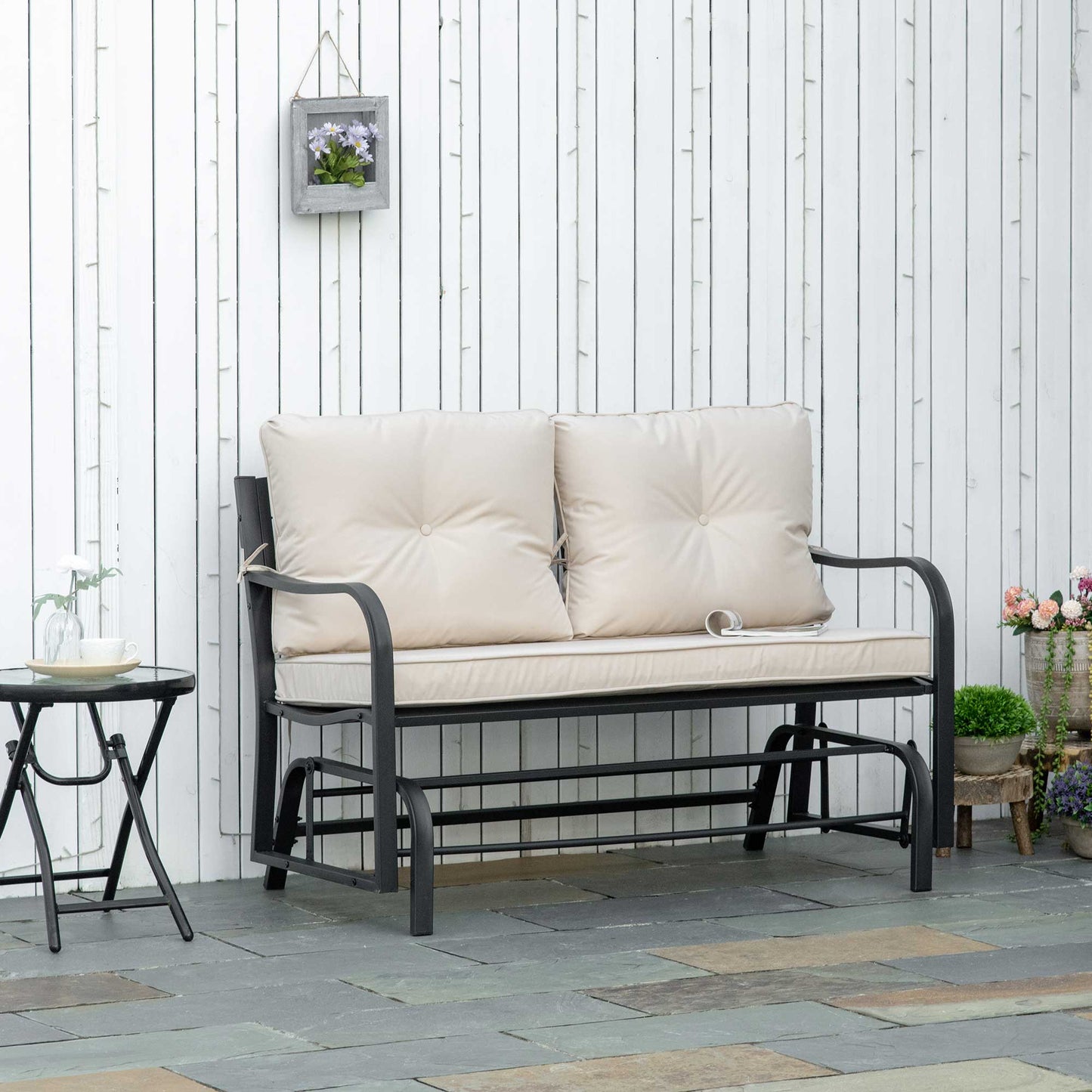 Outsunny 2-Person Outdoor Loveseat Glider Bench Rocking Chair for Patio, Garden, Yard, Porch with Armrest and Cushions, Khaki