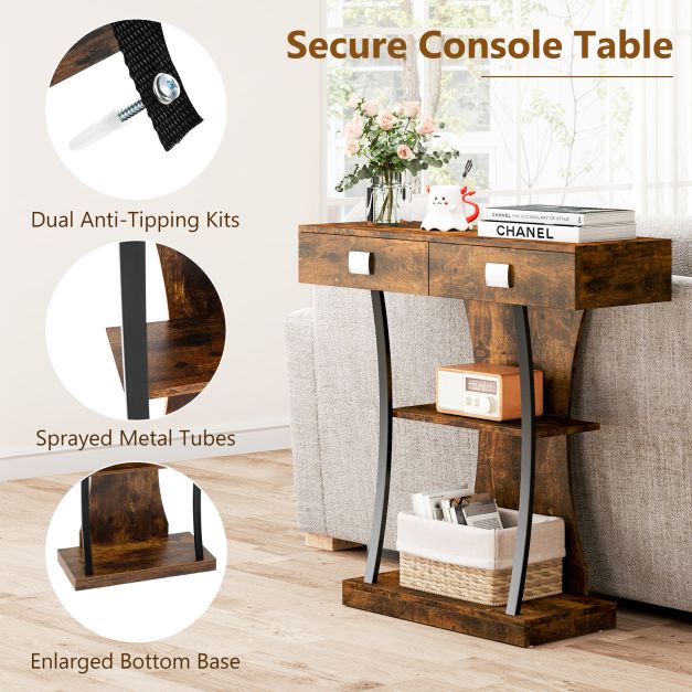Console Table for Small Spaces with 2 Drawers 2-Tier Shelf, T-Shaped Entryway Table for Study Brown