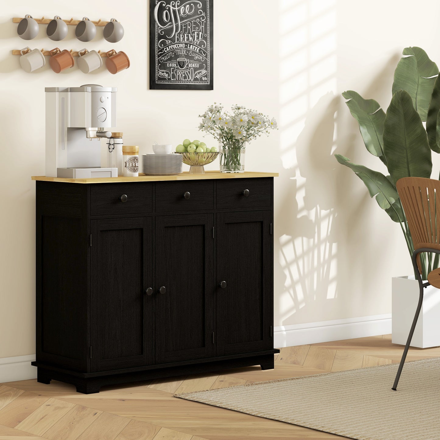 HOMCOM Sideboard with Rubberwood Top and Adjustable Shelves for Dining Room, Kitchen - Black Wood-Effect